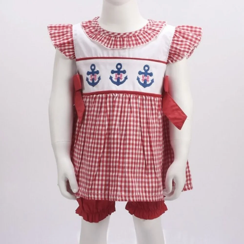 Boutique Anchor Nautical Girls Red Gingham Tunic Shorts Outfit 4th of July